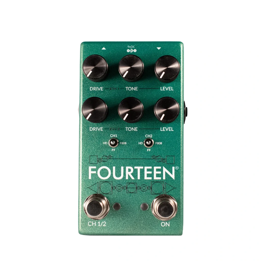 Pedal Fortin Fourteen, boost/overdrive dual con 2 canales y 3 modos cada uno: Hexdrive, TS9 y TS808 modificados.